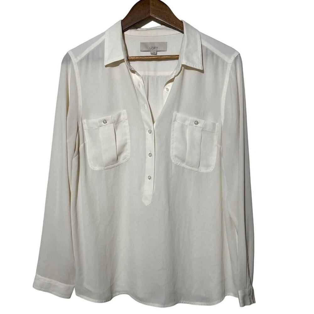 LOFT Cream Button Front Blouse Long Sleeve Utility Shirt Size Medium